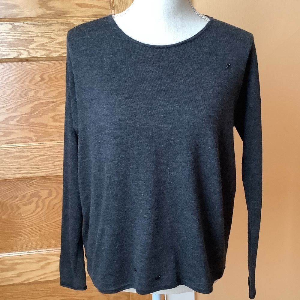 EILEEN FISHER Charcoal Fine Merino Jersey Keyhole Back Box Sweater Size XS